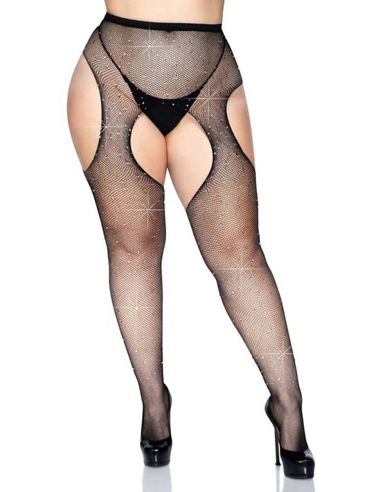 Casey Rhinestone Fishnet Suspender Pantyhose - Queen - Black LA-9108XBLKQ