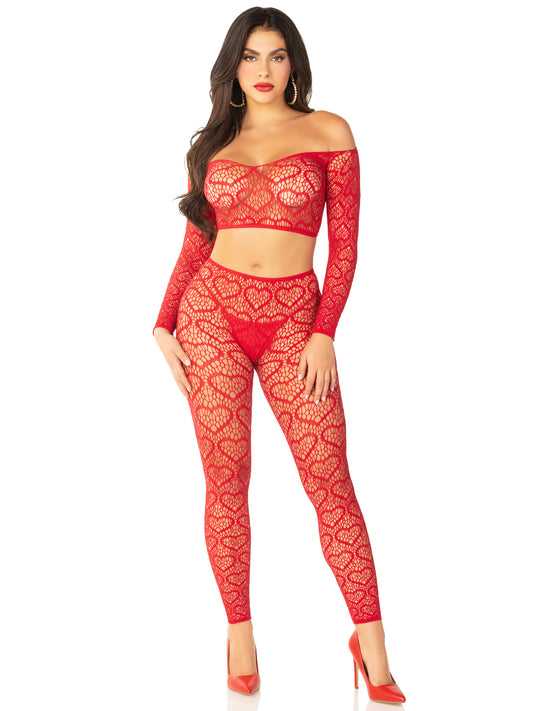 Red 2pc Croptop and Footless Tights - Os Tights - Os LA-89337REDOS