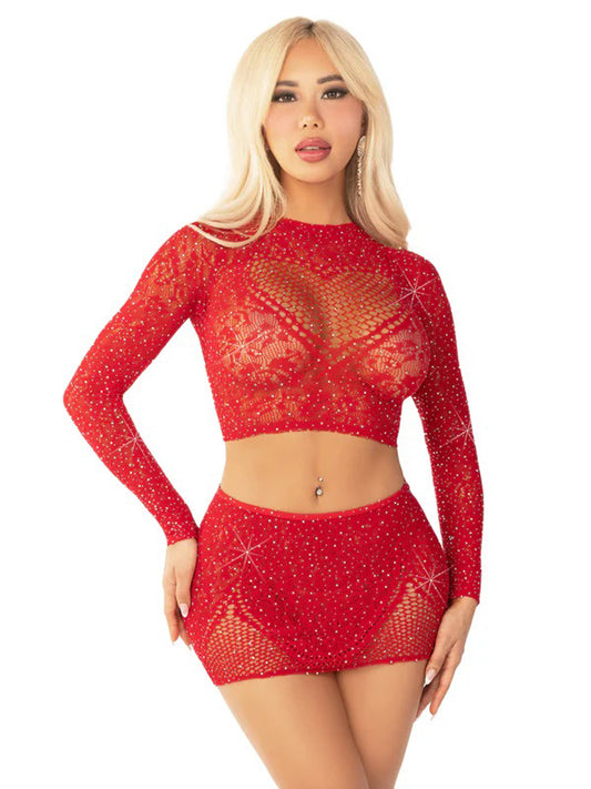 Red 2pc Rhinestone Lace and Net Crop Top With -  Heart Keyhole Mini Skirt - Os LA-81668REDOS