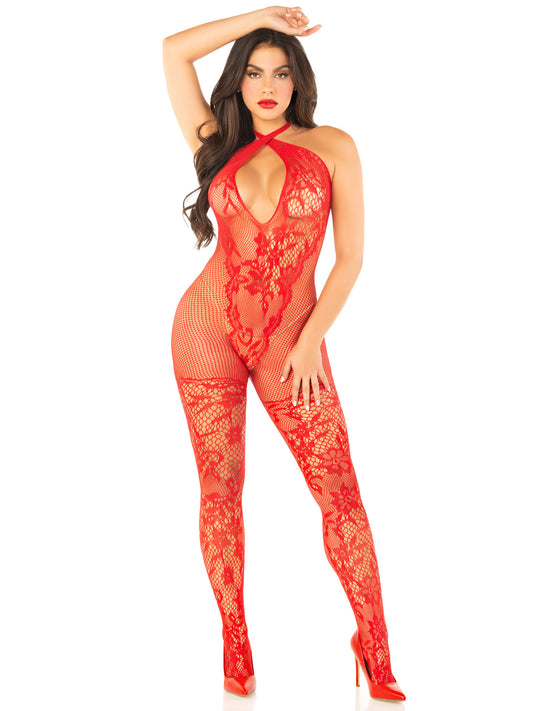 Red Seamless Net and Lace Lingerie Jumpsuit - With Keyhole Crossover Halter - Os LA-89335REDOS